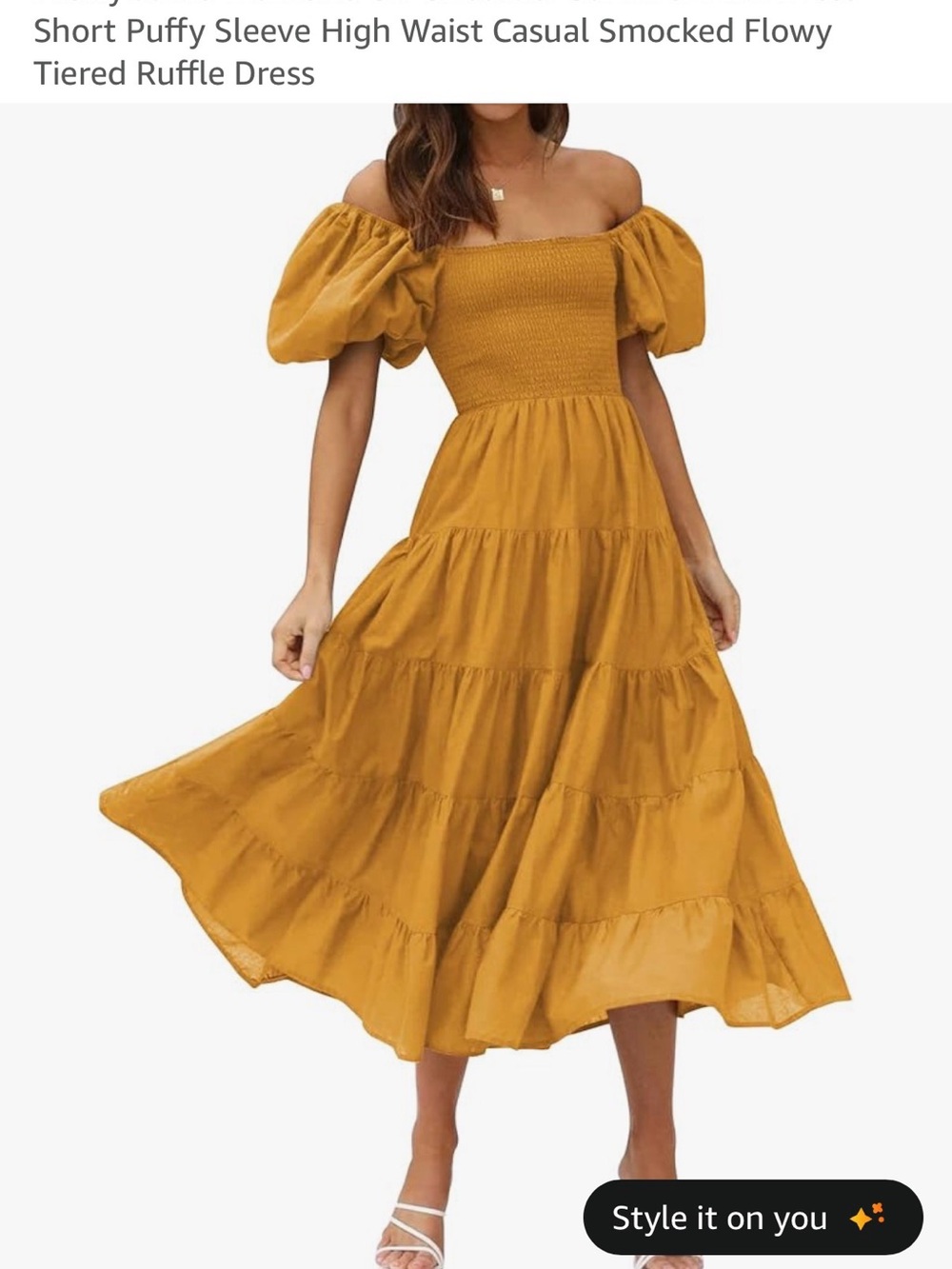 Golden Puff-Sleeve Smocked Midi Dress